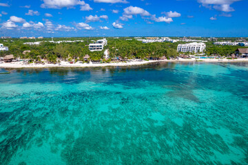 Aerial Drone View of Xcalacoco Beach in Playa del Carmen, Quintana Roo