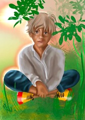 Boy sitting on the grass and looking