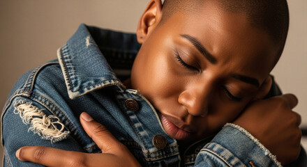 Woman with closed eyes embracing herself in a denim jacket indoors