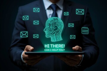 Fototapeta premium AI Digital Assistant Interface with Futuristic Icons and Human Circuit Head