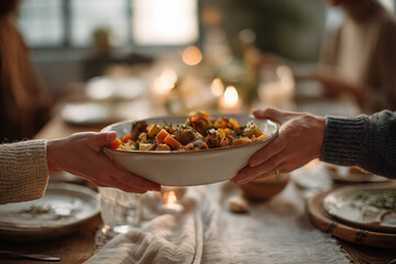 Friends enjoy a heartwarming moment while sharing a vibrant salad at a beautifully set dinner table adorned with candles and inviting decor. Thanksgiving gathering
