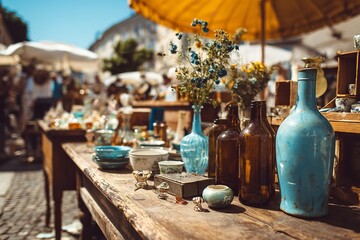 Unique treasures at a vibrant outdoor market, featuring antique bottles, delicate ceramics, and charming floral arrangements bathed in sunny daylight