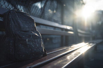 Backpack resting on a bench with sunlight shining through in an urban setting during early morning light