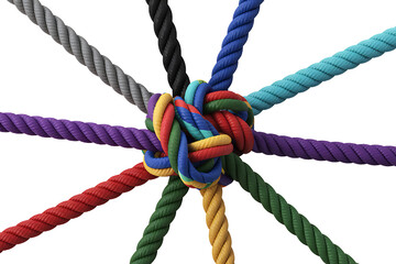 Colorful ropes tied together in a central knot symbolizing unity and connection