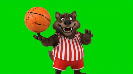 Cartoon Werewolf Spinning Basketball on Green Screen - A cartoon werewolf character is shown spinning a basketball on its finger. The video is set against a vibrant green chroma key background. - Powered by Adobe