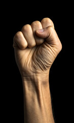 Close up of a clenched fist with prominent veins and wrinkles against black hand human hand