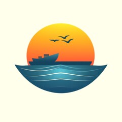 sunset over calm sea with a ship and birds flying on the horizon