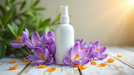 White cosmetic spray bottle surrounded by purple crocus flowers and petals