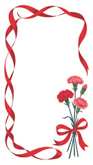 Decorative red ribbon frame with carnation flowers and bow