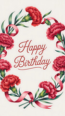 Happy birthday floral wreath with red carnations and pink ribbons