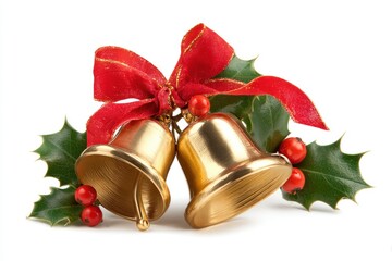 Festive golden bells adorned with a red ribbon and holly leaves, symbolizing holiday cheer