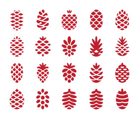 Collection of Red Pine Cone Icons and Silhouettes on White Background