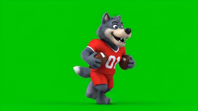 Cartoon Wolf Mascot with Football on Green Screen - A cartoon wolf mascot wearing a red football uniform is running and holding two footballs.