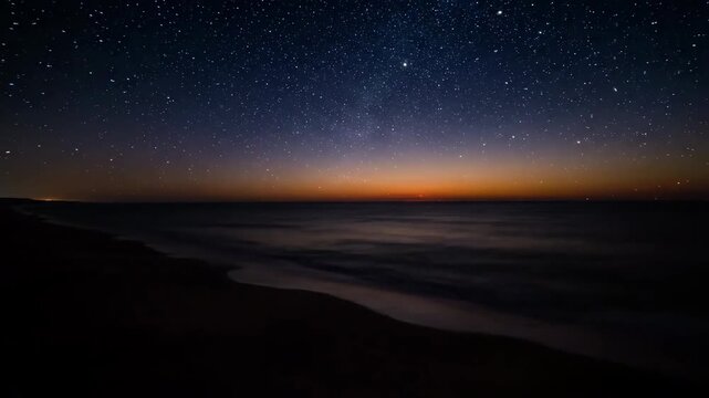 Epic timelapse transitions from bright day to starry night over a deserted beach and ocean horizon vast, deserted beach, change