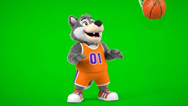 Cartoon Wolf Mascot Ready to Shoot Basketball - A cartoon wolf mascot in a basketball uniform stands on a green chroma key background.