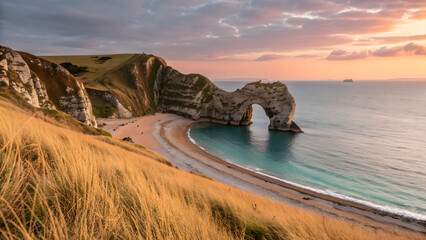 Golden hour coastal landscape with natural rock arch and sandy beach nature ocean