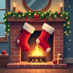 Illustration of two Christmas socks on a fireplace