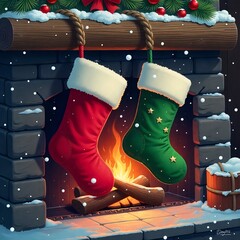 Illustration of two Christmas socks on a fireplace