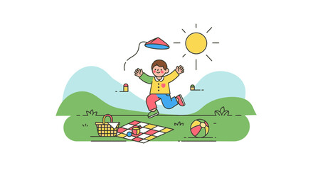 Obraz premium Joyful Child Plays, Kite Soars, Picnic Day, Sunny Outdoors, Whimsical Summer Bliss
