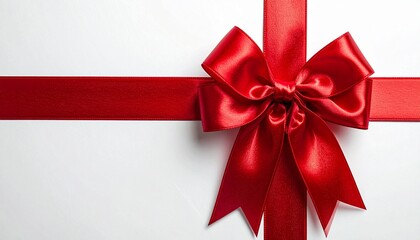 Gift box with white wrapping and vibrant red ribbon tied in elegant bow, placed against plain white background.