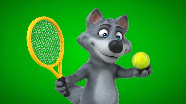 Cartoon Wolf with Tennis Racket on Green Background - A cartoon wolf is holding a tennis racket on a green chroma key background. The wolf has a friendly expression and looks ready to play.