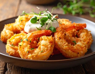 Crispy fried shrimp with a creamy sauce, garnished with fresh herbs, on a dark plate, presented beautifully.