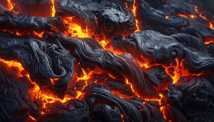 Intricate patterns of hardened lava flow, showcasing fiery orange and dark grey tones, displaying a dynamic and powerful geological scene.
