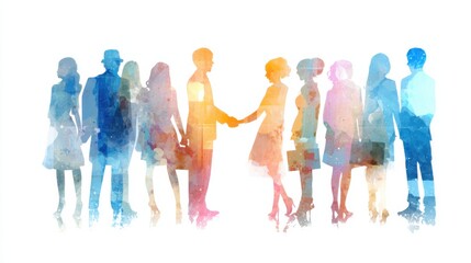 Fototapeta premium Colorful silhouettes of people interacting with each other through handshakes and conversation, illustrating themes of networking and collaboration.