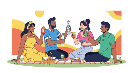 Joyful Friends Celebrating With Drinks At A Picnic During The Sunny Day Outdoors
