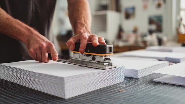 Person operates industrial stapler to fasten thick pile white paper on grid patterned desk in contemporary office or print shop, highlighting productivity, organization, professional document