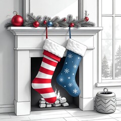 Illustration of two Christmas socks on a fireplace