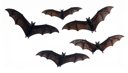 Naklejka premium Six bats flying in various directions with wings fully extended, showing detailed anatomy against white background.