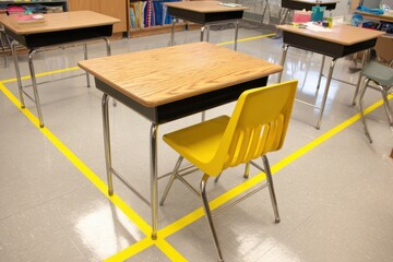 Classroom Setup with Desks Spaced Apart, Highlighted by Yellow Tape for Social Distancing Compliance