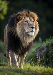 Obraz premium Majestic male lion with full mane walks through grassy savanna at sunrise big cat africa