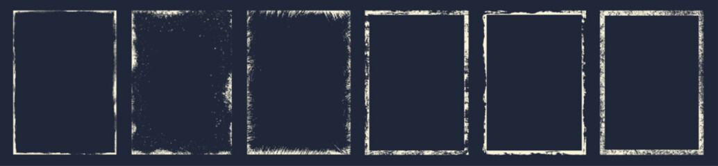 Grunge rectangle frame set, distressed textured borders collection, rough vintage edges for posters, flyers, covers, photo overlays, shabby graphic elements isolated vector design decoration templates
