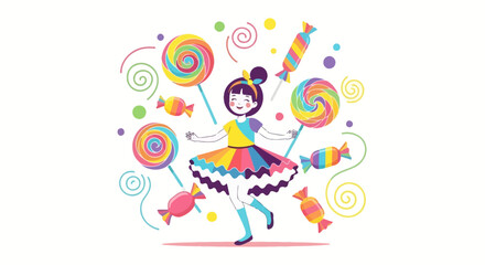 Obraz premium Joyful Girl Surrounded By Colorful Candies and Lollipops in Whimsical Illustration