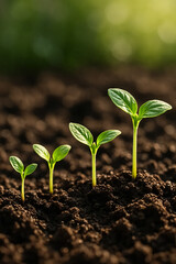 Fototapeta premium Young green seedlings growing from soil symbolizing growth and new life.