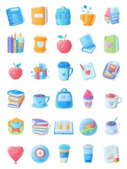 A lively collection of illustrations with school supplies, treats, and coffee cups, perfect for educational or creative themes.