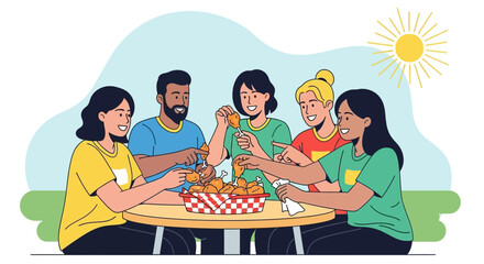 Joyful Group Eating Fried Chicken Together Outside During Summertime Celebration