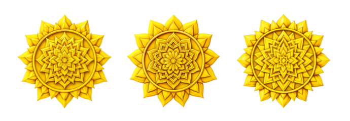Hindu sun mandala set with intricate designs in golden yellow tones, symbolizing energy and vitality, isolated on transparent background