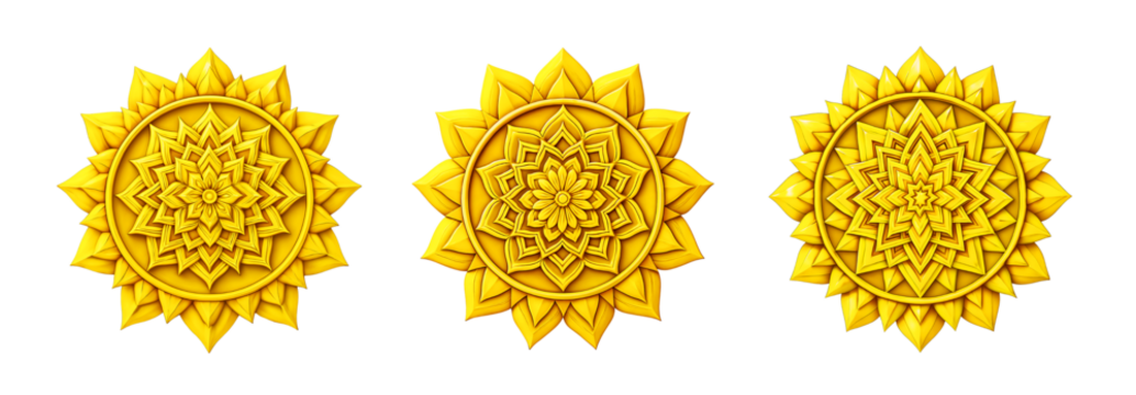 Hindu sun mandala set with intricate designs in golden yellow tones, symbolizing energy and vitality, isolated on transparent background - Powered by Adobe