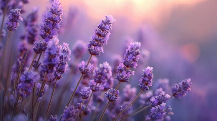 Fototapeta premium Stunning Close-Up of Soft Lavender Blossoms Against a Majestic Sunset Sky