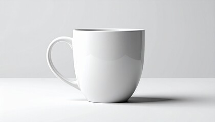Obraz premium Plain white ceramic mug with smooth glossy finish, cylindrical shape, and rounded handle on light gray background.