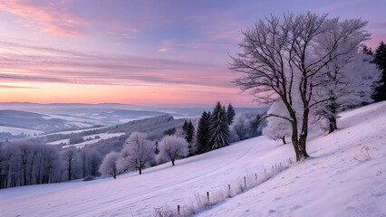 Snow covered rolling hills and frosted trees at sunrise with pink sky winter landscape