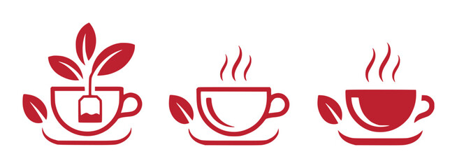 Red Tea Cup Icons with Leaves and Steam, Representing Hot Beverages and Nature
