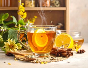 A warm, inviting image of a steaming cup of herbal tea with lemon, surrounded by fresh flowers and spices, evokes a sense of calm and well-being.