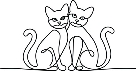Two cats vector with continuous single one line art drawing. New minimalist design minimalism animal pet of cat illustration.