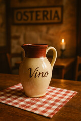 Rustic ceramic wine jug on checkered tablecloth in Italian osteria