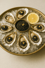 Luxury oysters with black caviar and edible gold on ice platter