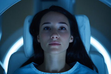 Patient with calm expression lying still in MRI tunnel, soft neutral lighting.
